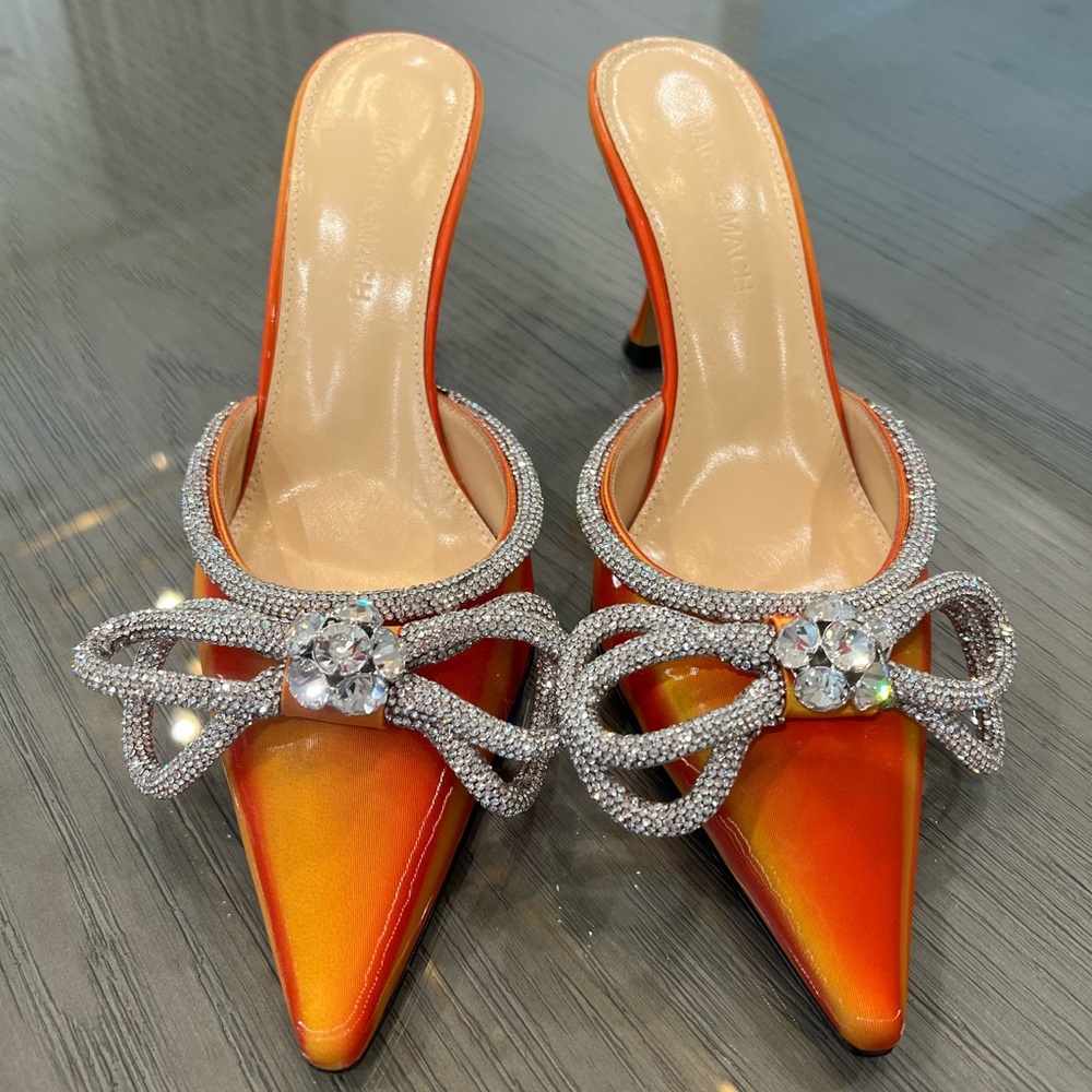 MACH & MACH Double Bow Crystal-Embellished Mules in Orange